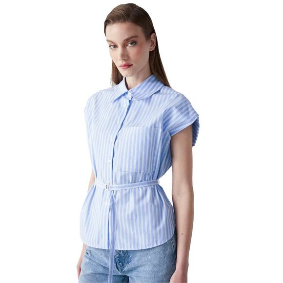 IPEKYOL Poplin Blouse Button Down w Belt Detail Blue White Size 42 - Picture 3 of 11